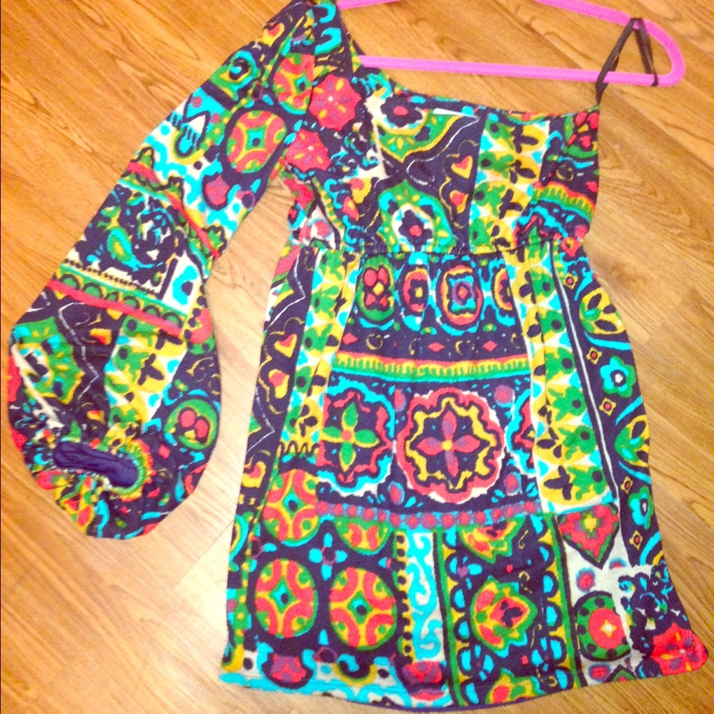 JUDITH MARCH ELVIS PRINT ONE SHOULDER DRESS